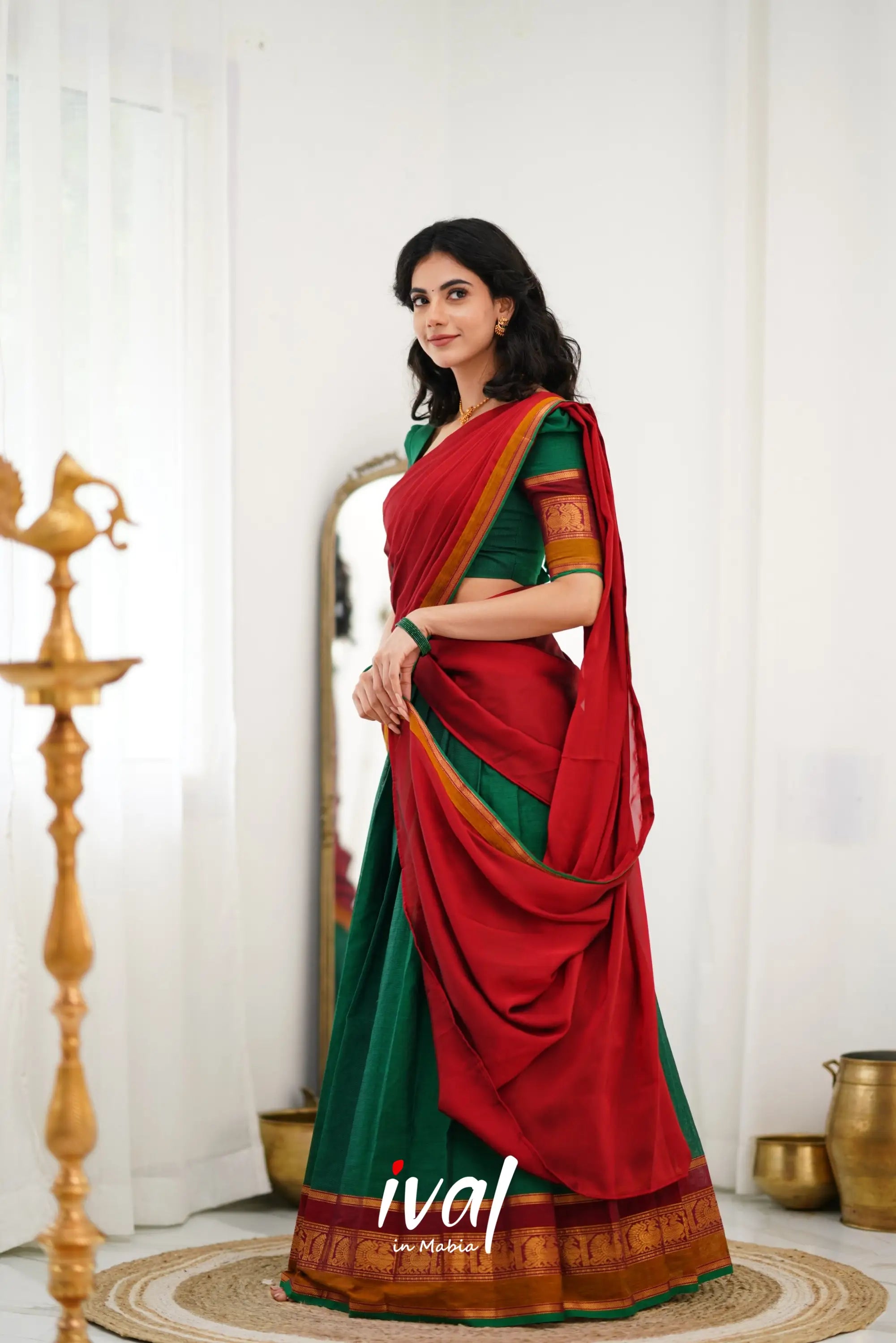 Padmaja Cotton Halfsaree - Green And Reddish Maroon Half Sarees