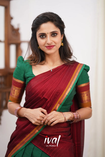 Padmaja Cotton Halfsaree - Green And Reddish Maroon Half Sarees