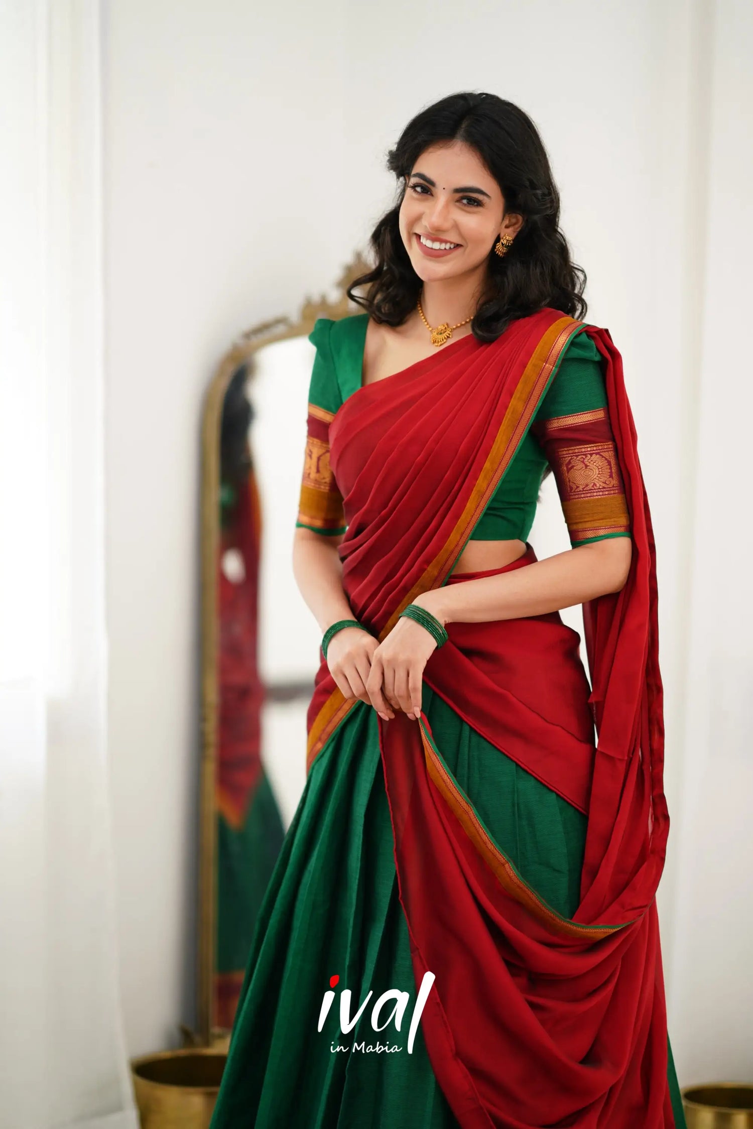 Padmaja Cotton Halfsaree - Green And Reddish Maroon Half Sarees