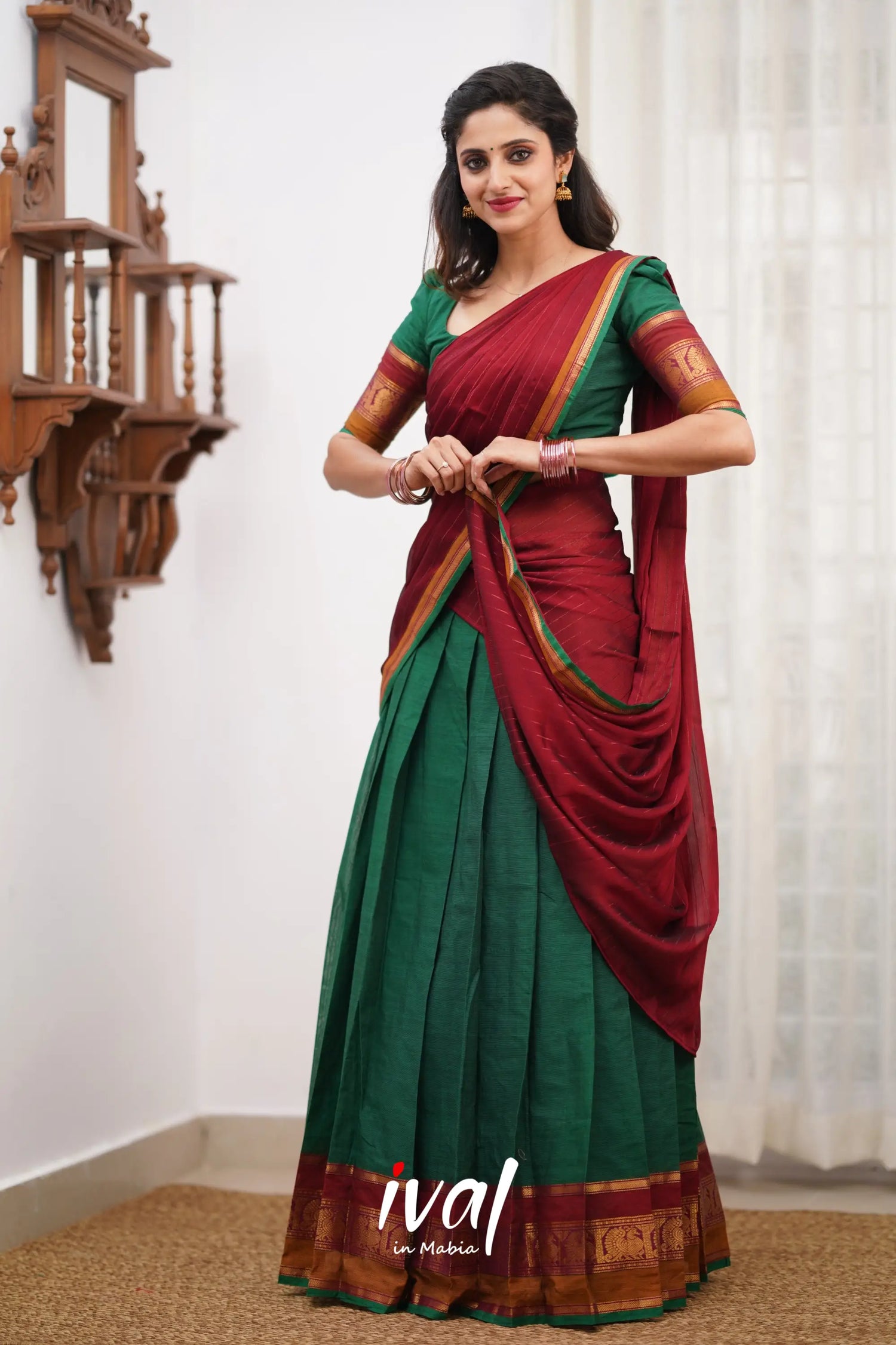 Padmaja Cotton Halfsaree - Green And Reddish Maroon Half Sarees