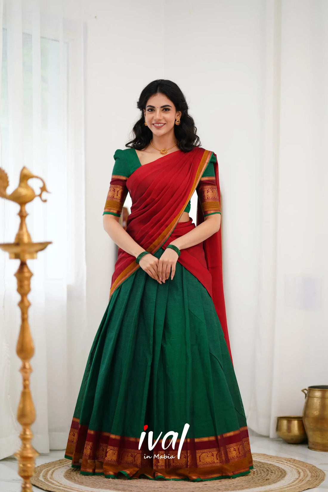 Padmaja Cotton Halfsaree - Green And Reddish Maroon Half Sarees