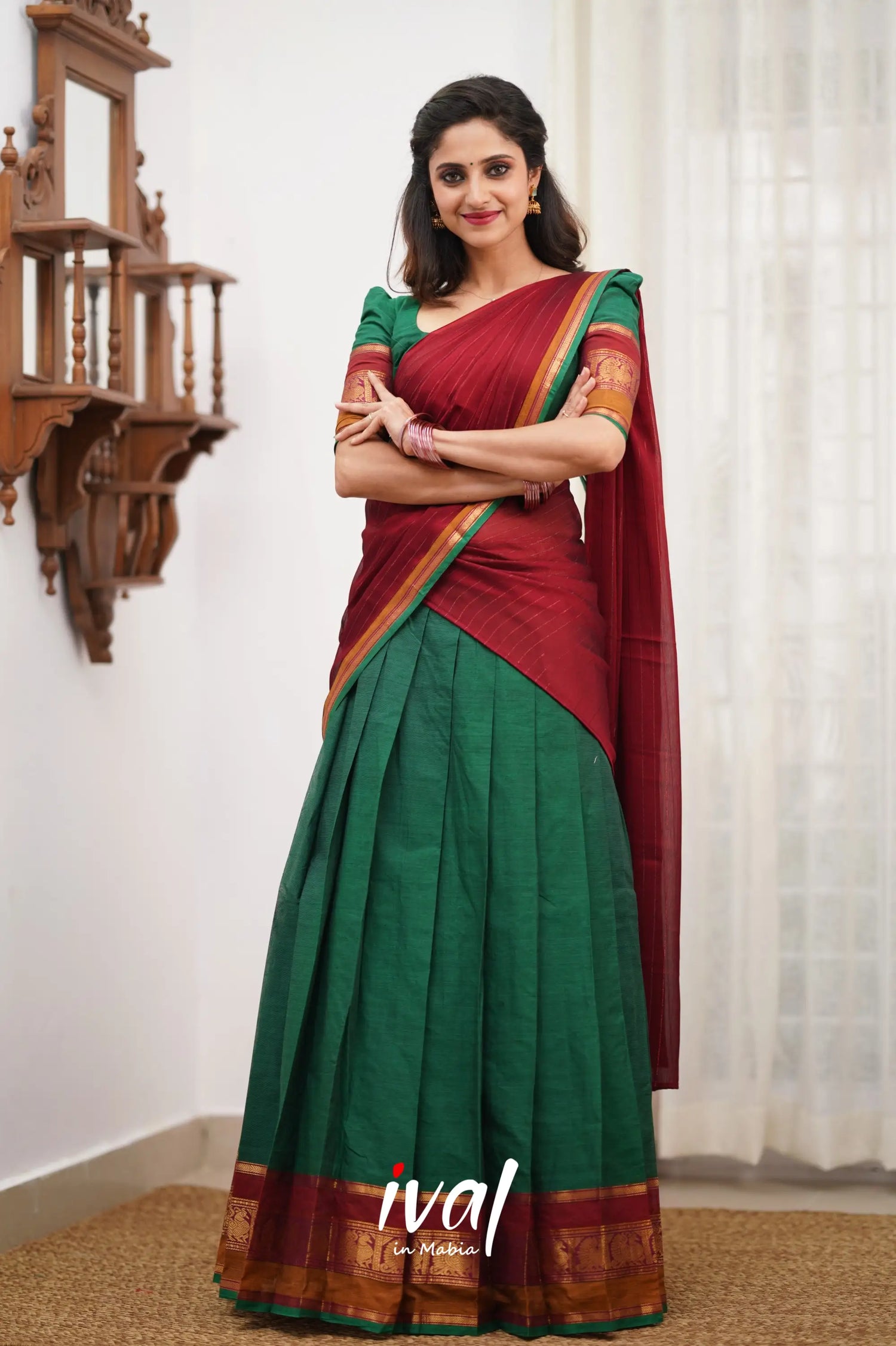 Padmaja Cotton Halfsaree - Green And Reddish Maroon Half Sarees