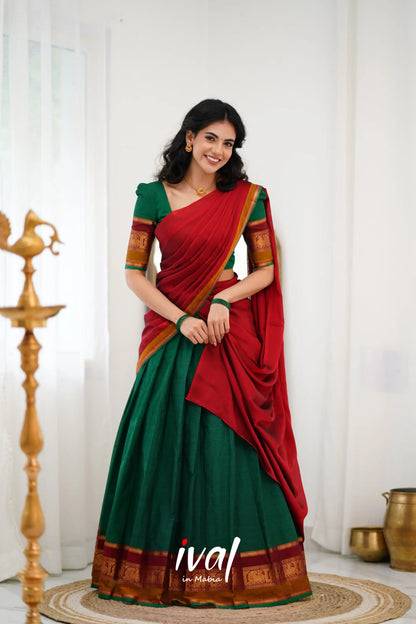 Padmaja Cotton Halfsaree - Green And Reddish Maroon Half Sarees