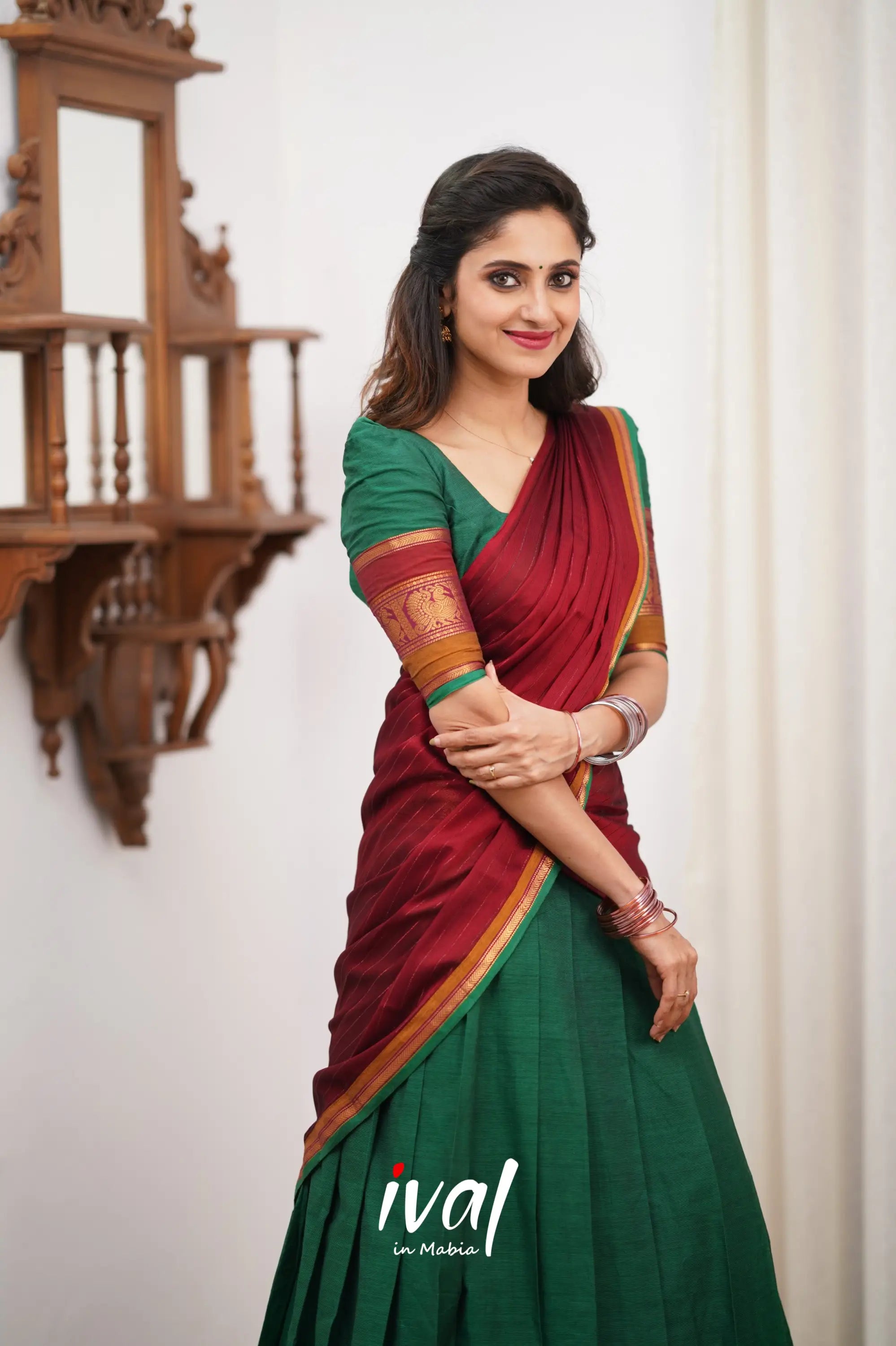 Padmaja Cotton Halfsaree - Green And Reddish Maroon Half Sarees