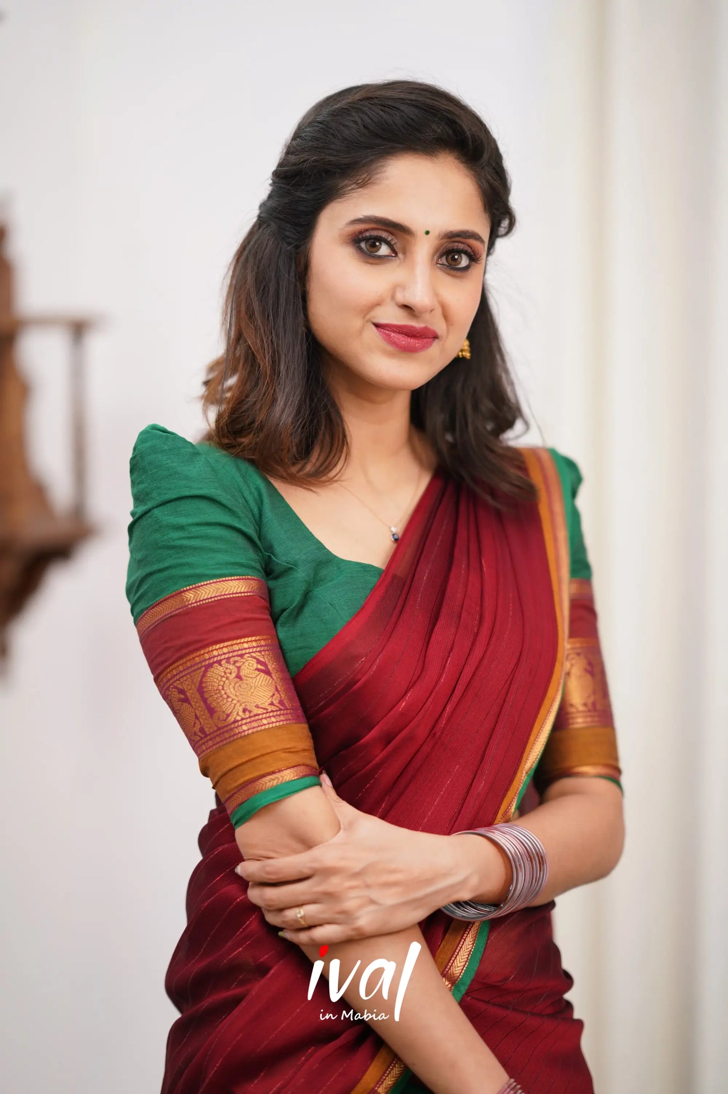 Padmaja Cotton Halfsaree - Green And Reddish Maroon Half Sarees