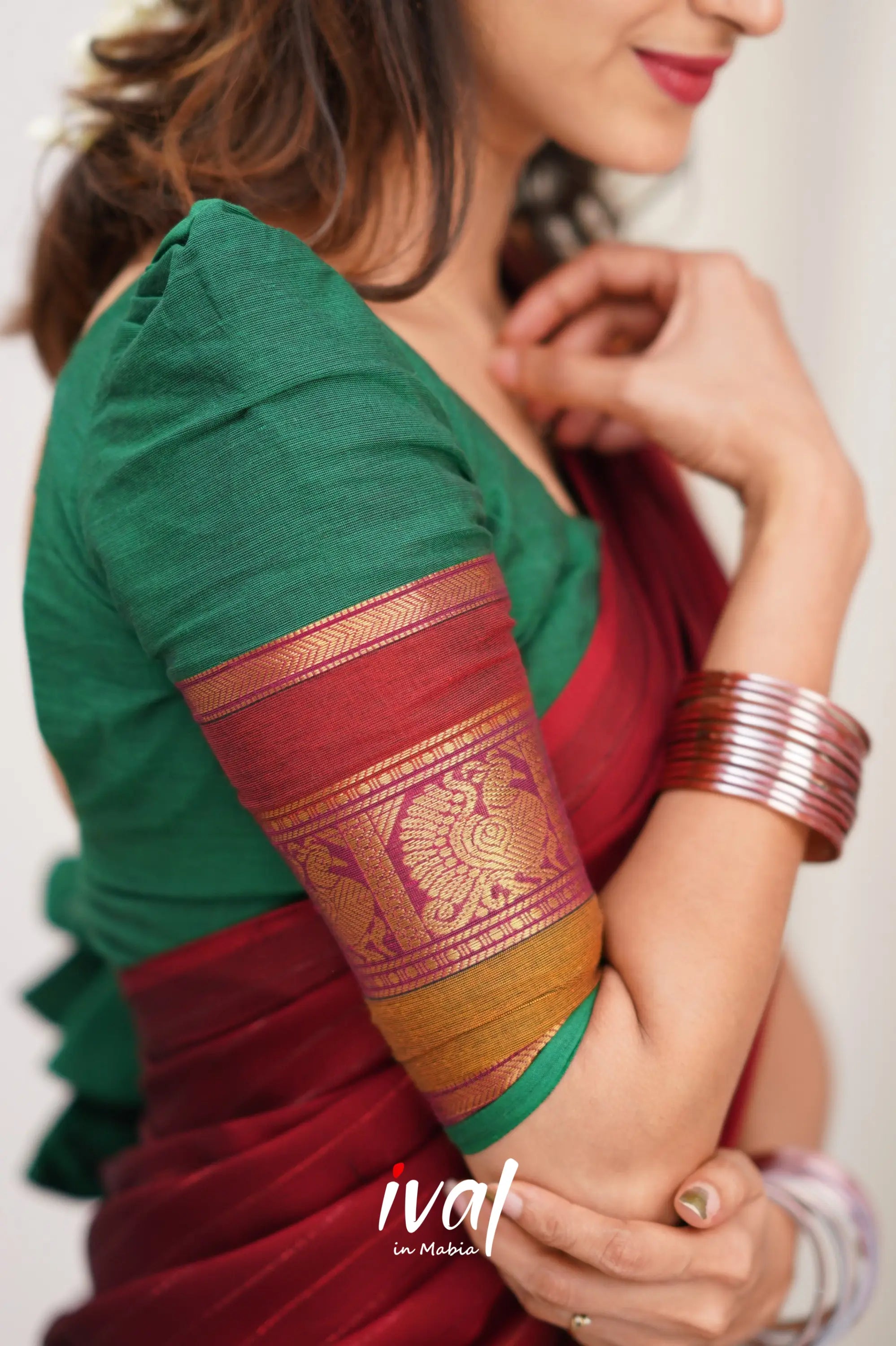 Padmaja Cotton Halfsaree - Green And Reddish Maroon Half Sarees