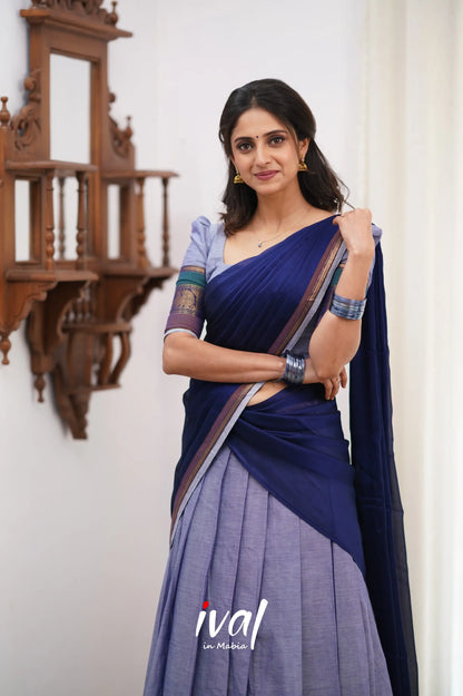 Padmaja Cotton Halfsaree - Light Blue And Ink Half Sarees