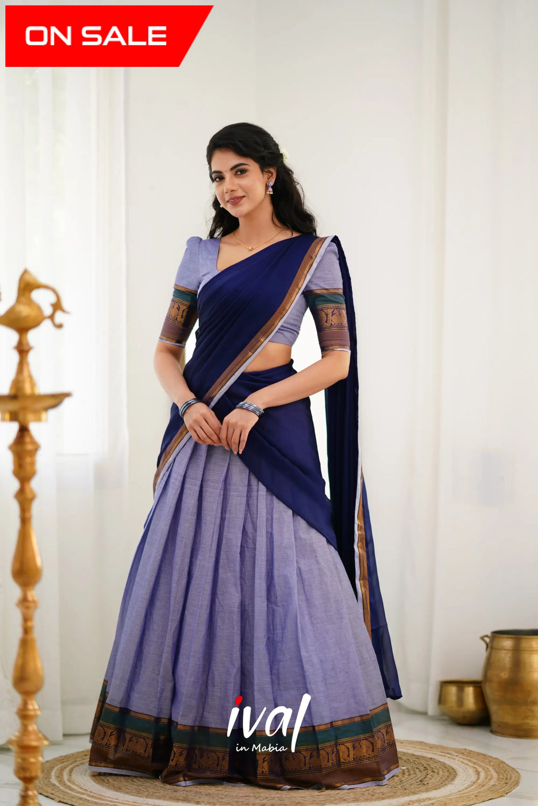 Padmaja Cotton Halfsaree - Light Blue And Ink Half Sarees