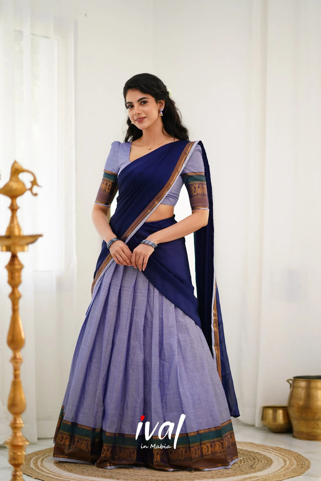 Padmaja Cotton Halfsaree - Light Blue And Ink Half Sarees