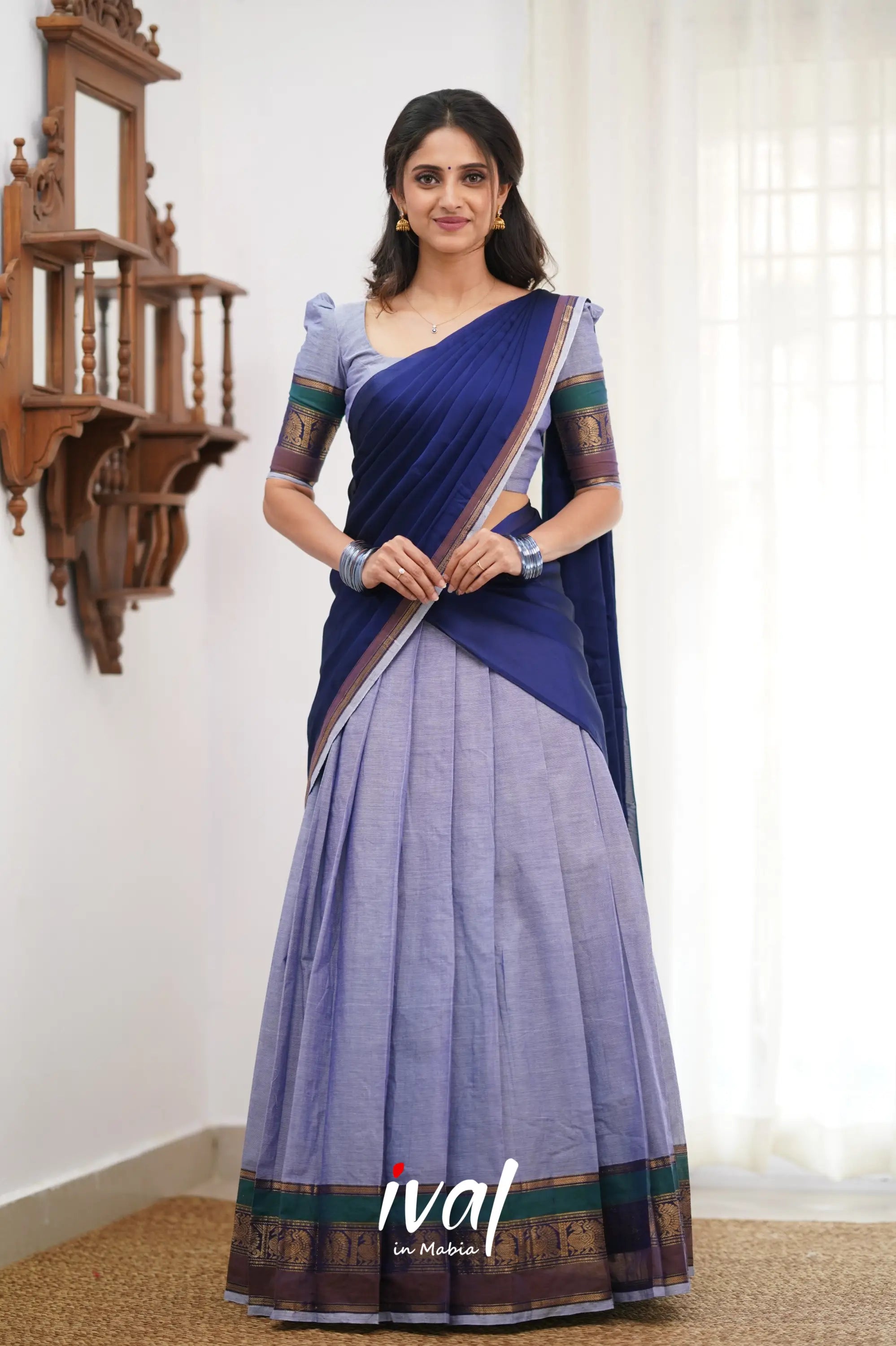 Padmaja Cotton Halfsaree - Light Blue And Ink Half Sarees