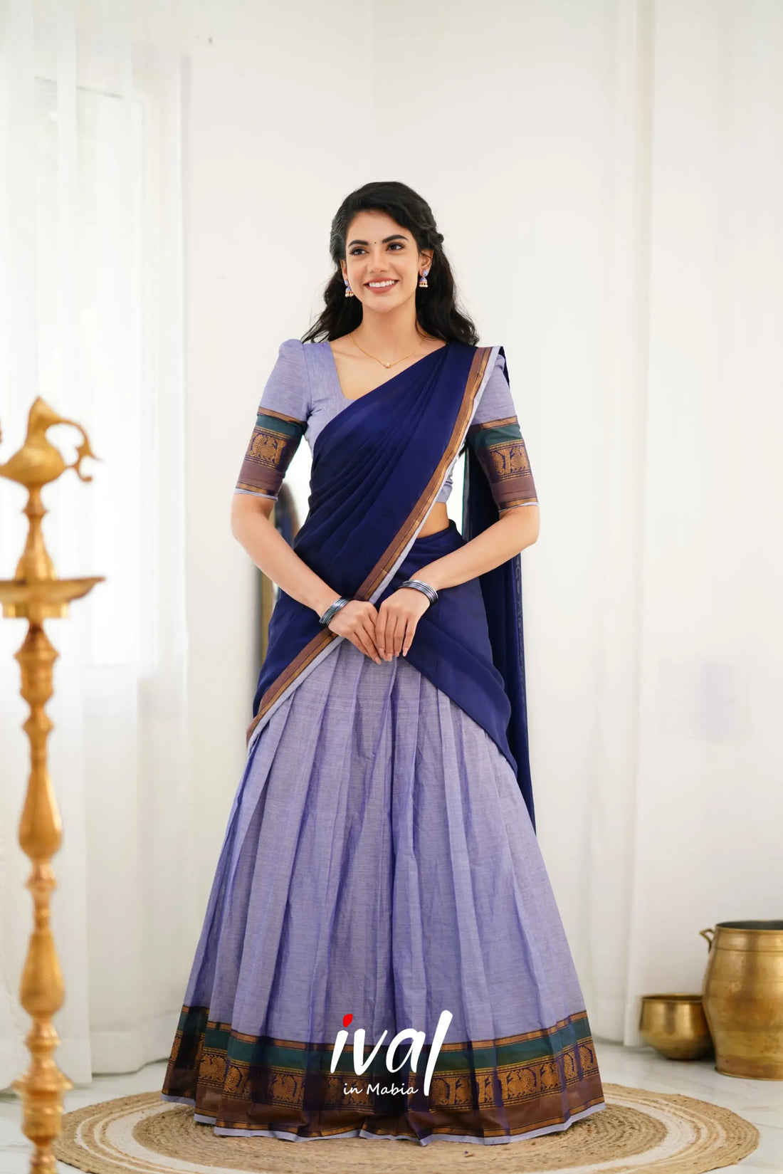 Padmaja Cotton Halfsaree - Light Blue And Ink Half Sarees