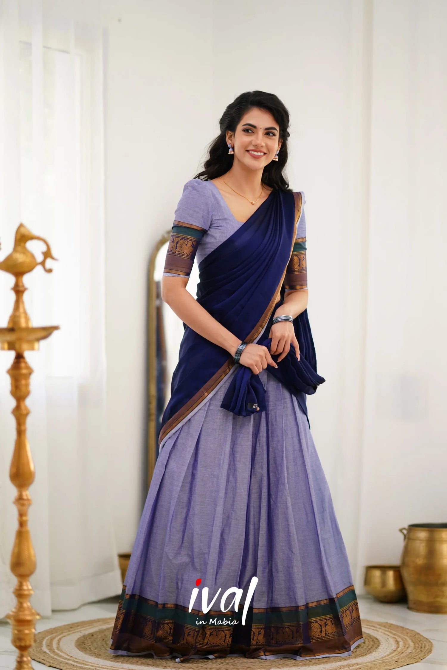 Padmaja Cotton Halfsaree - Light Blue And Ink Half Sarees