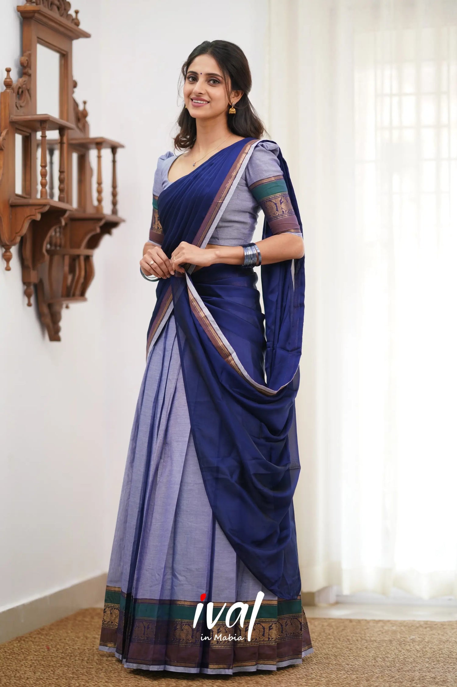 Padmaja Cotton Halfsaree - Light Blue And Ink Half Sarees