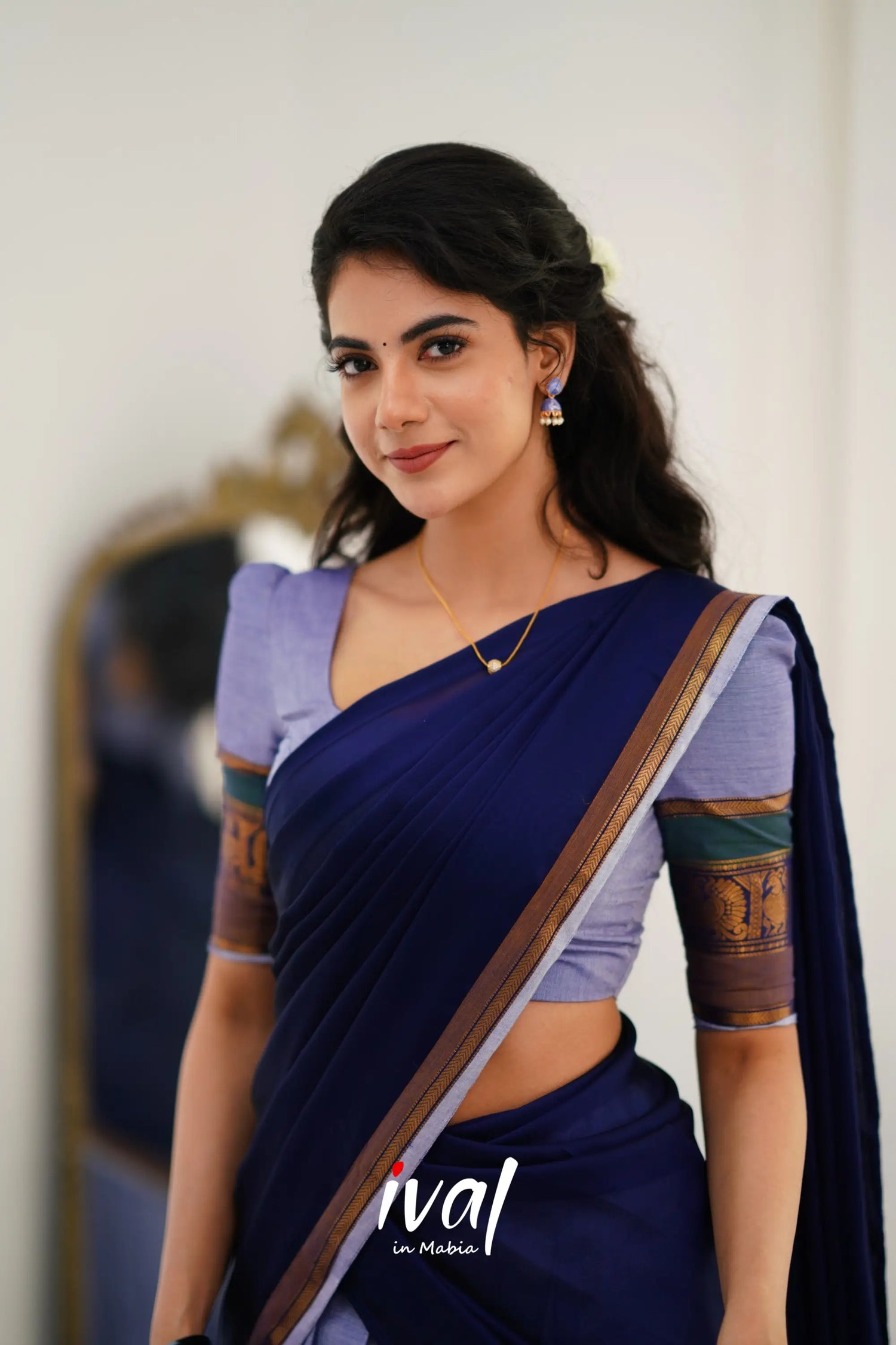 Padmaja Cotton Halfsaree - Light Blue And Ink Half Sarees