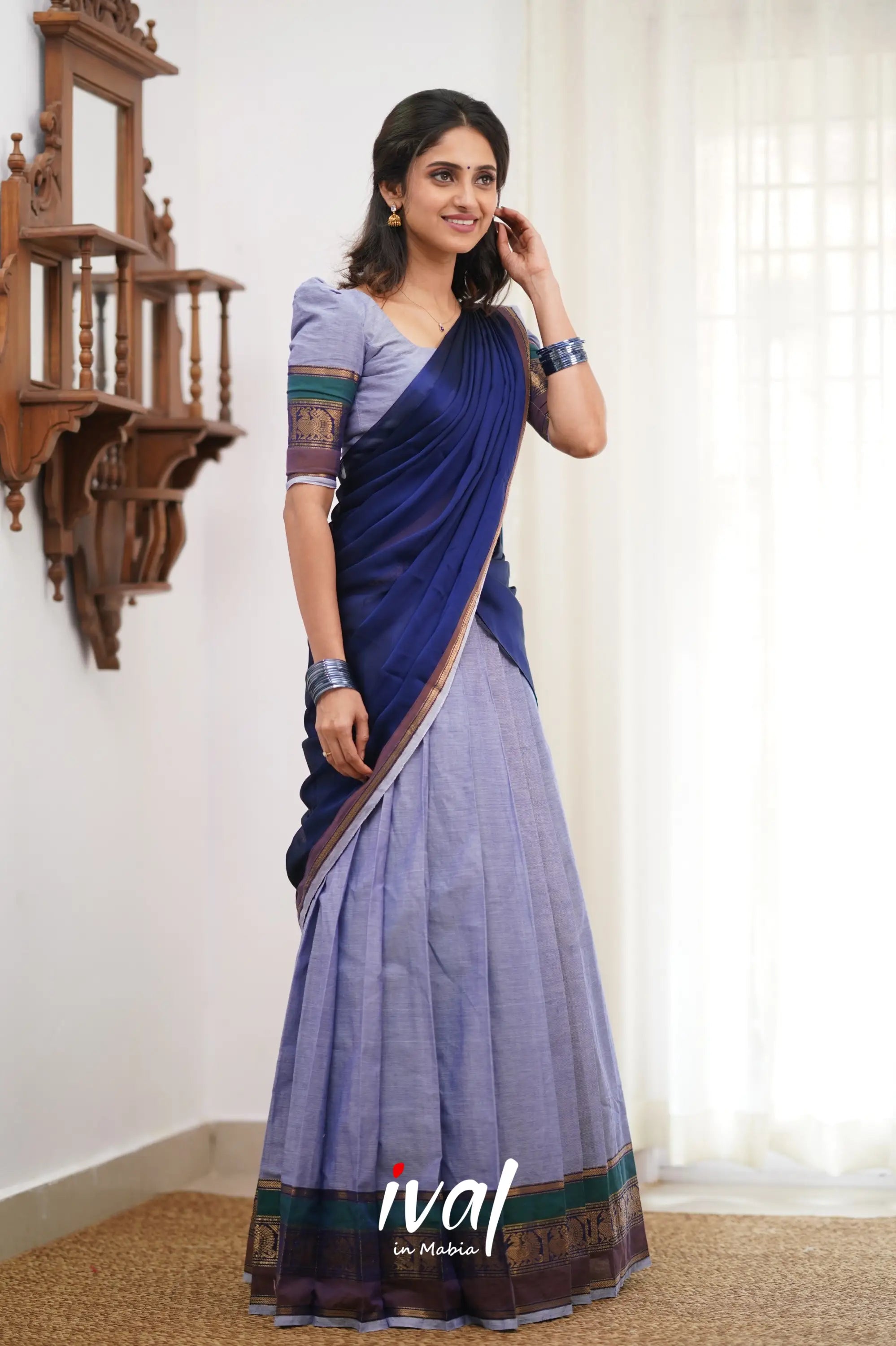 Padmaja Cotton Halfsaree - Light Blue And Ink Half Sarees