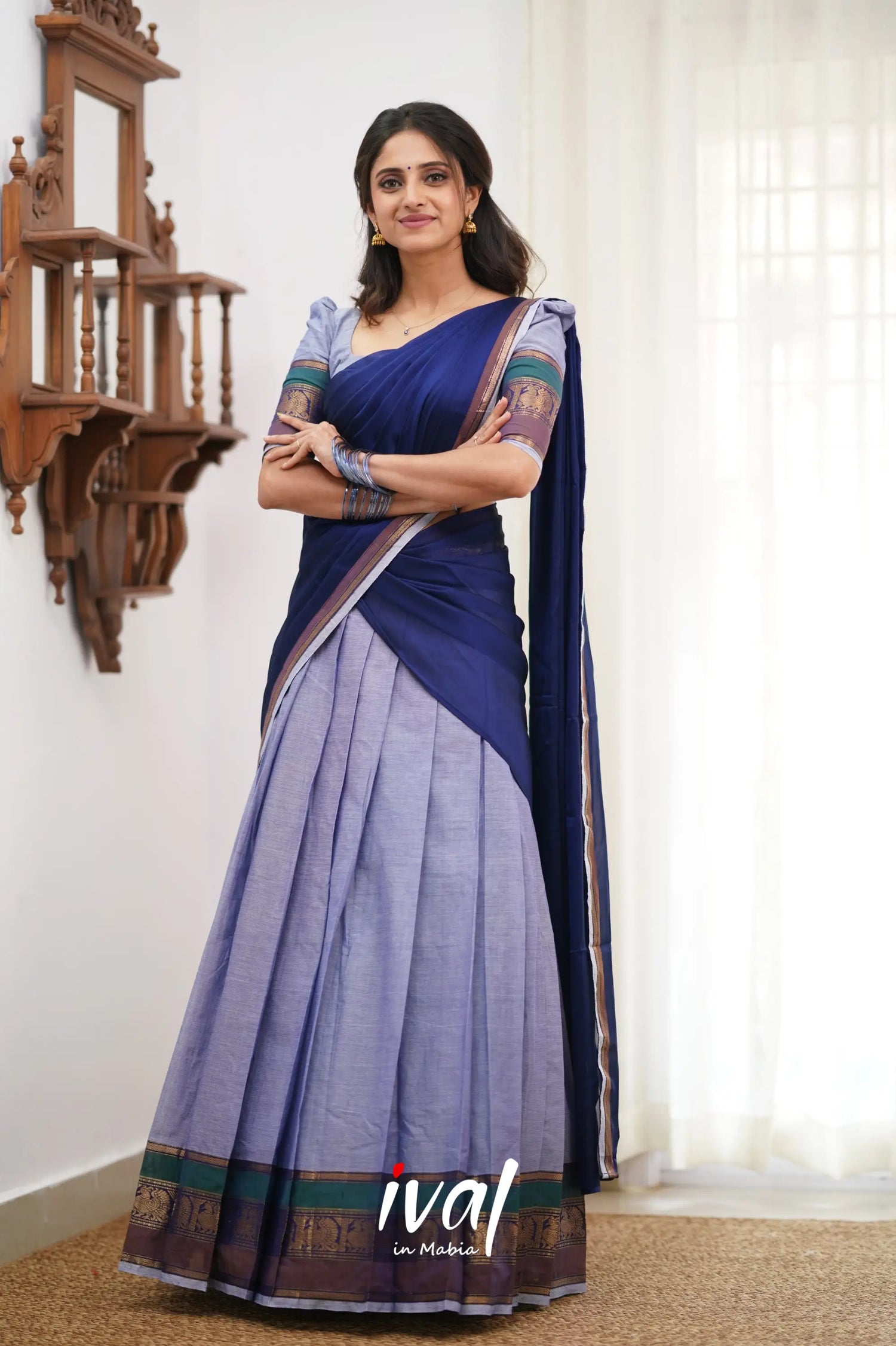 Padmaja Cotton Halfsaree - Light Blue And Ink Half Sarees