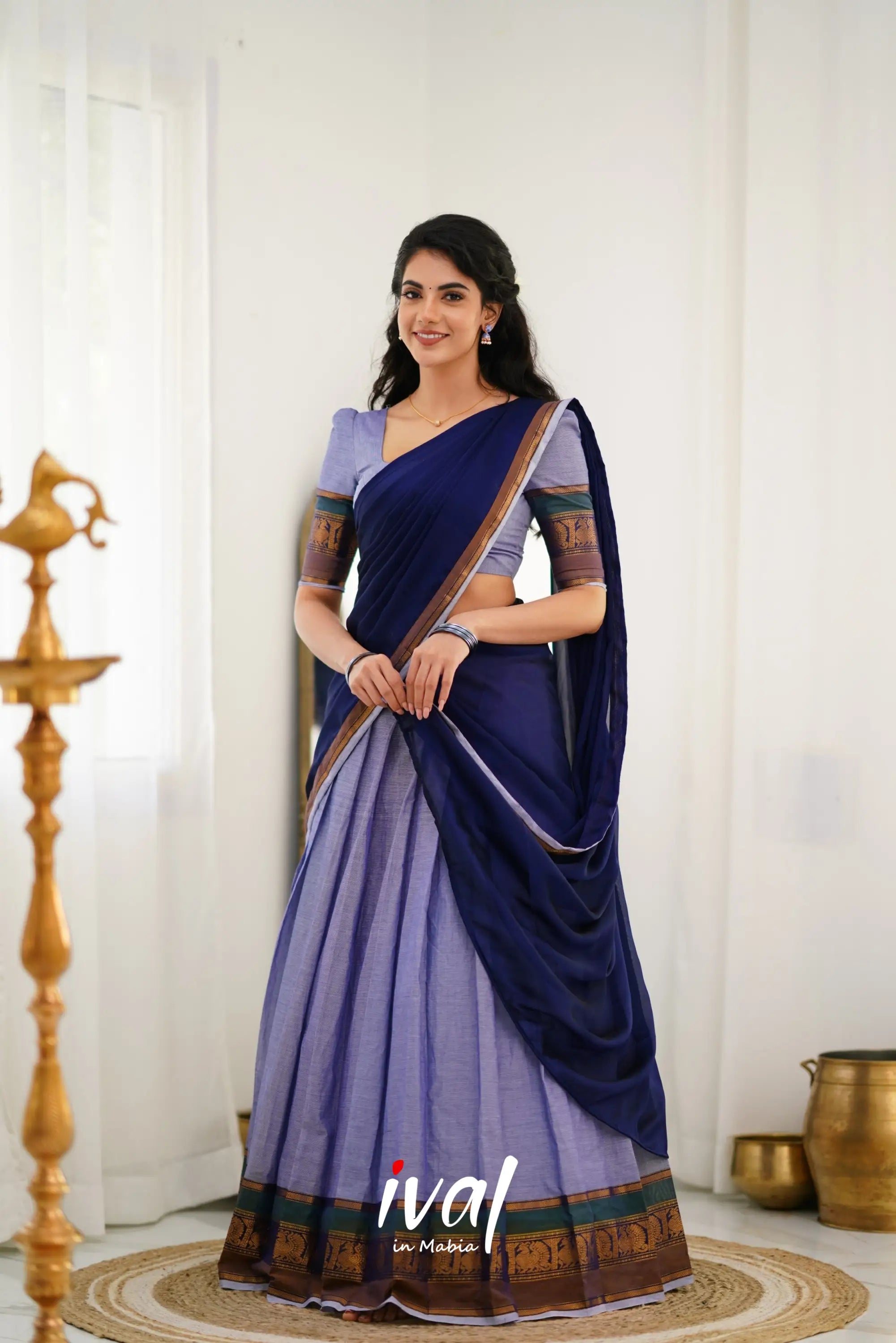 Padmaja Cotton Halfsaree - Light Blue And Ink Half Sarees