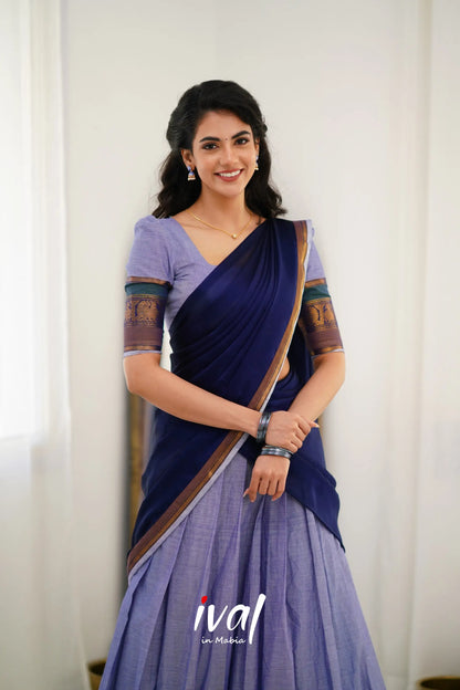 Padmaja Cotton Halfsaree - Light Blue And Ink Half Sarees