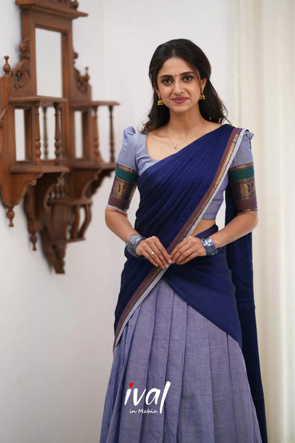 Padmaja Cotton Halfsaree - Light Blue And Ink Half Sarees