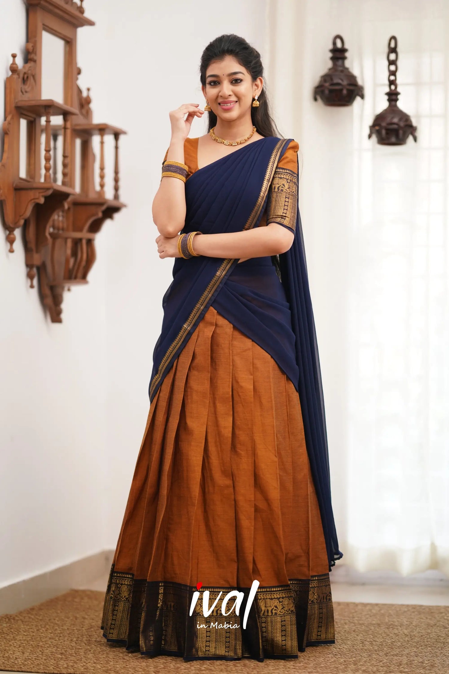 Padmaja Cotton Halfsaree - Light Brown And Navy Blue Half Sarees