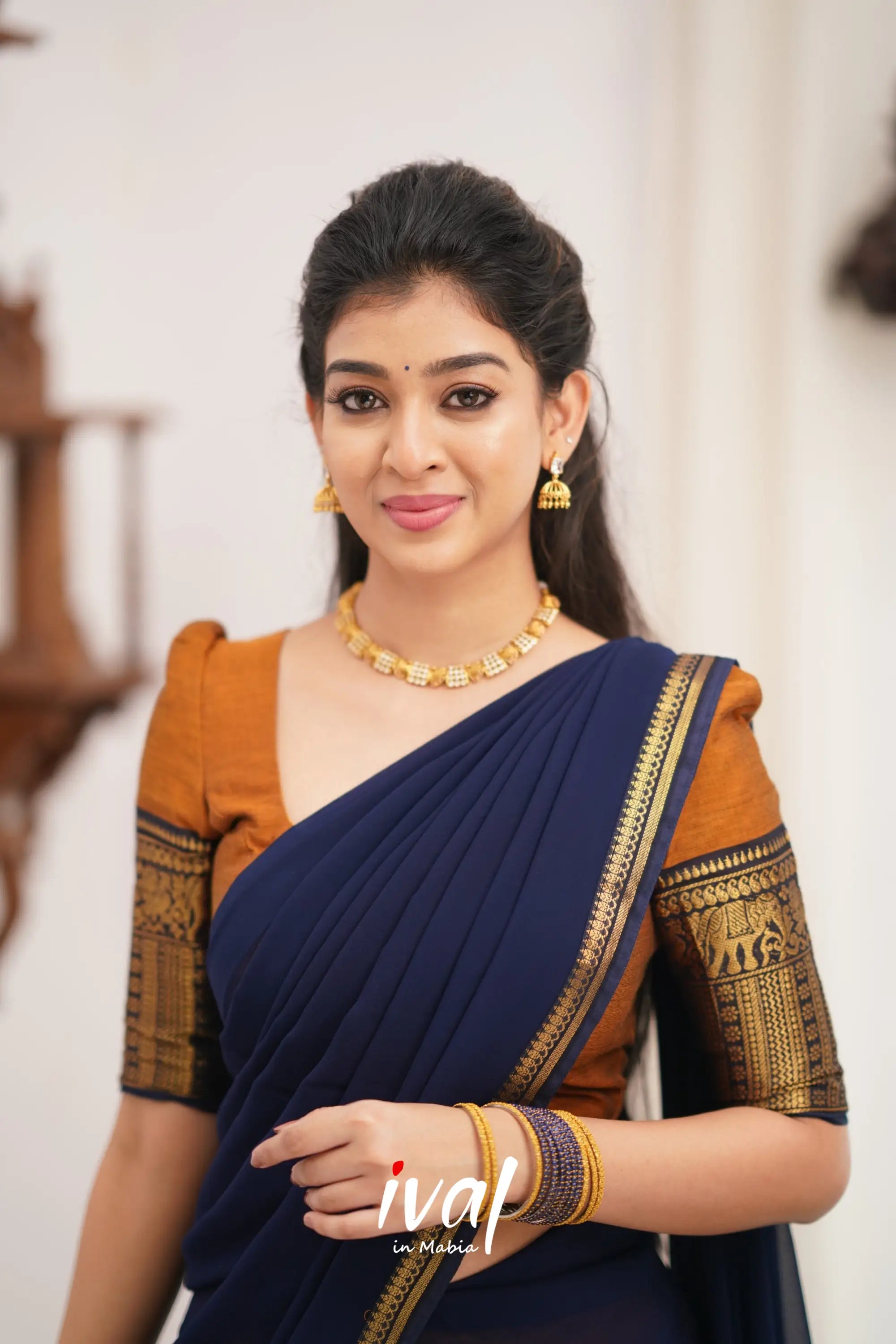 Padmaja Cotton Halfsaree - Light Brown And Navy Blue Half Sarees