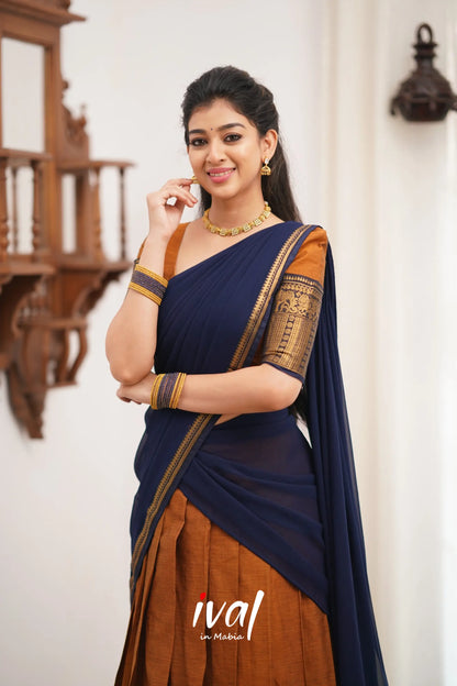 Padmaja Cotton Halfsaree - Light Brown And Navy Blue Half Sarees