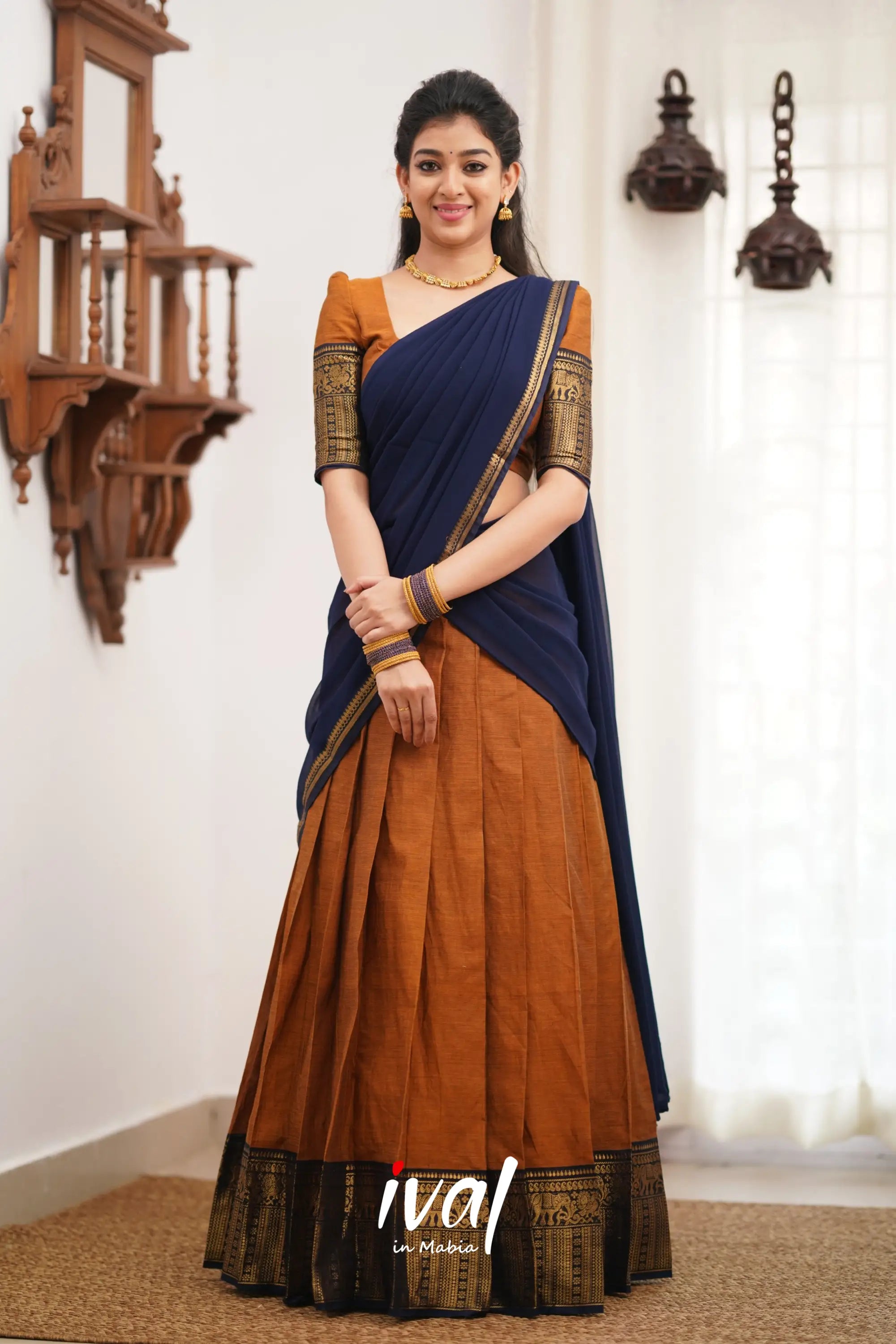 Padmaja Cotton Halfsaree - Light Brown And Navy Blue Half Sarees