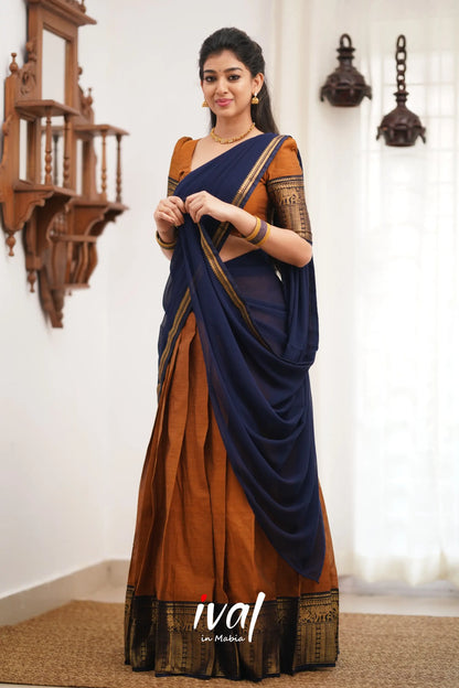 Padmaja Cotton Halfsaree - Light Brown And Navy Blue Half Sarees