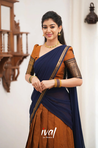 Padmaja Cotton Halfsaree - Light Brown And Navy Blue Half Sarees