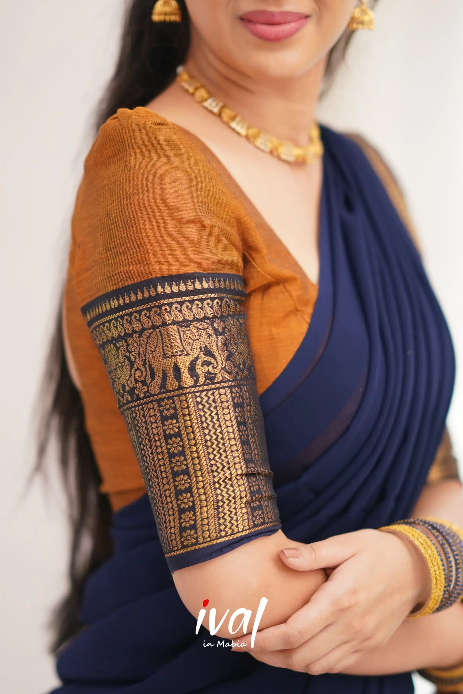 Padmaja Cotton Halfsaree - Light Brown And Navy Blue Half Sarees