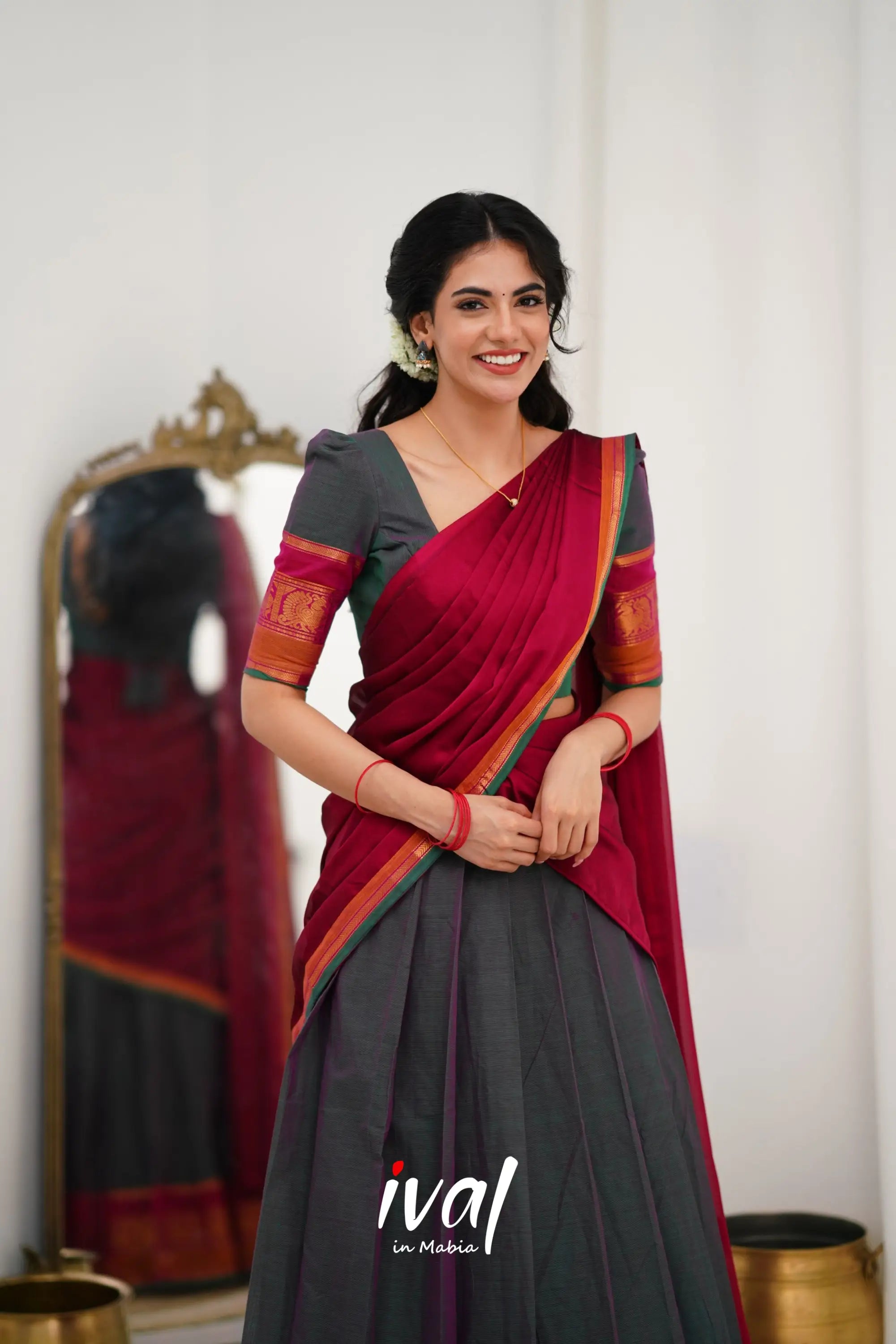 Padmaja Cotton Halfsaree - Manthalir Green And Pinkish Red Half Sarees