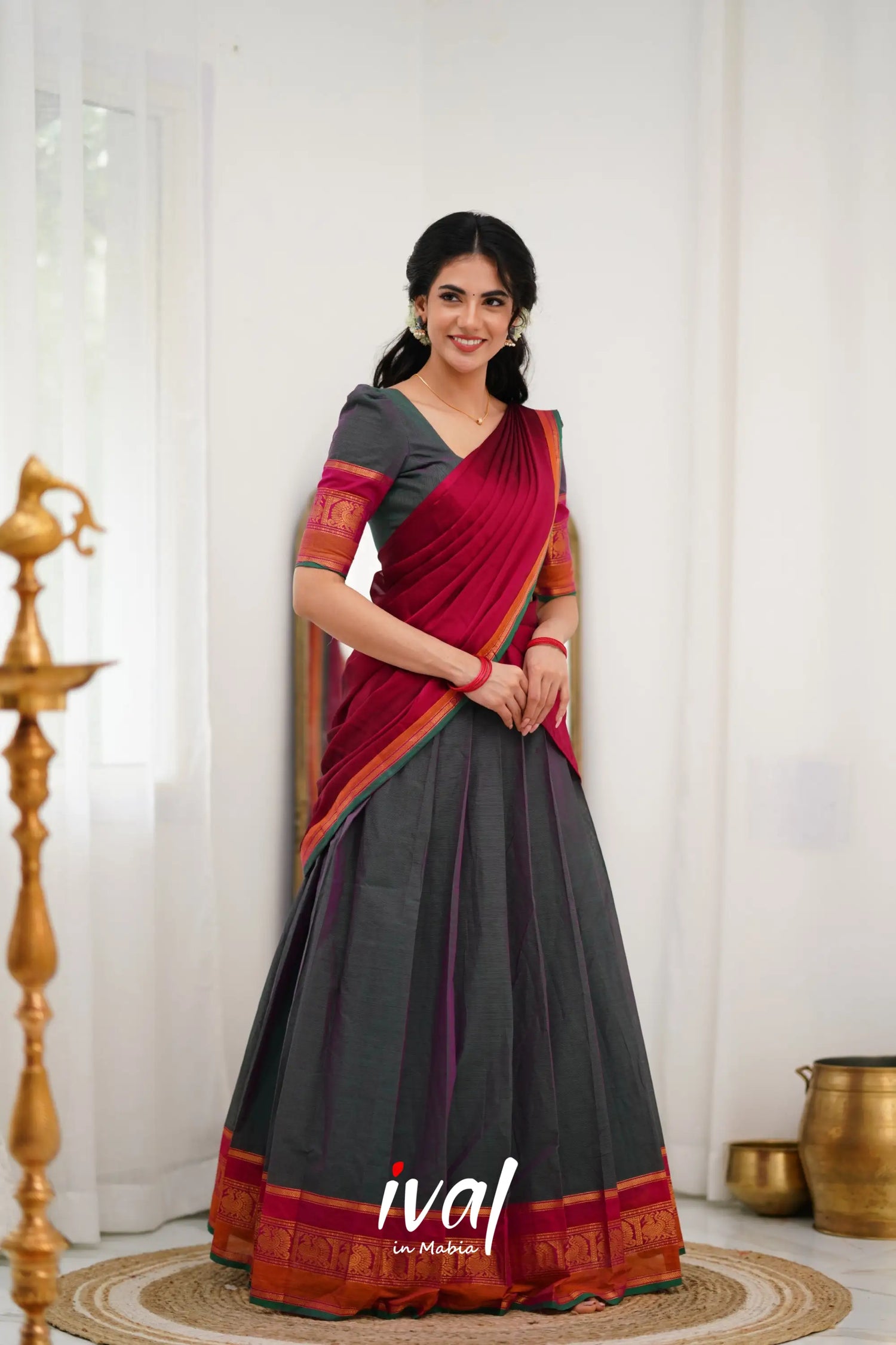 Padmaja Cotton Halfsaree - Manthalir Green And Pinkish Red Half Sarees