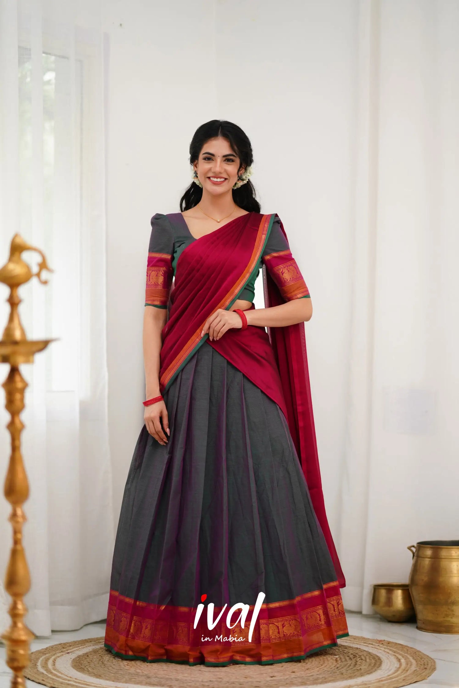 Padmaja Cotton Halfsaree - Manthalir Green And Pinkish Red Half Sarees