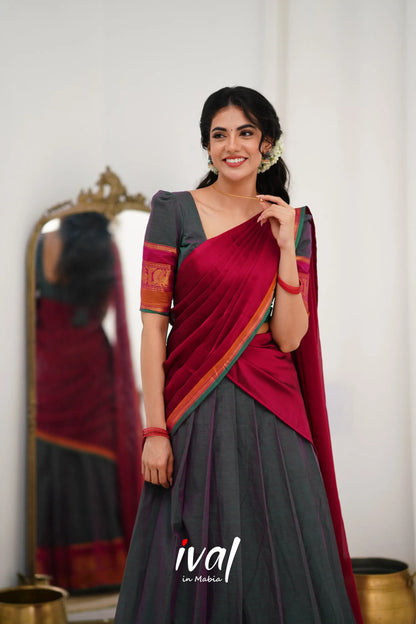 Padmaja Cotton Halfsaree - Manthalir Green And Pinkish Red Half Sarees