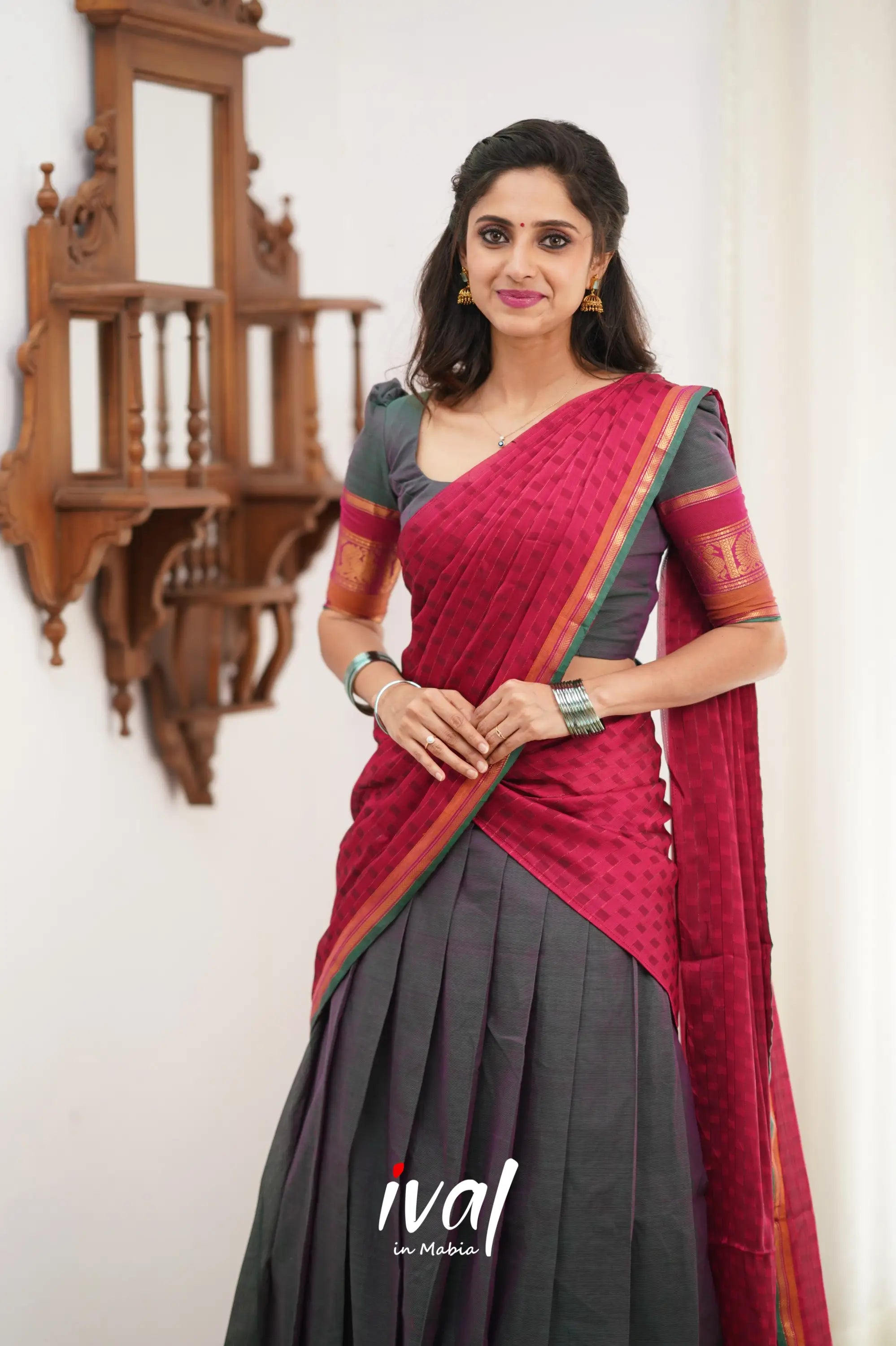 Padmaja Cotton Halfsaree - Manthalir Green And Pinkish Red Half Sarees