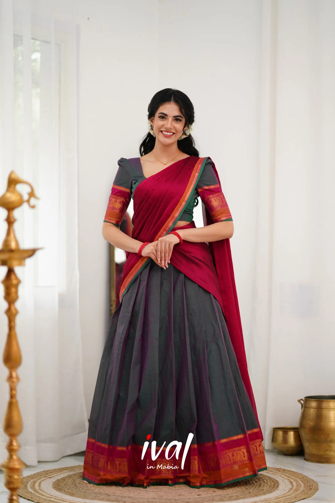 Padmaja Cotton Halfsaree - Manthalir Green And Pinkish Red Half Sarees