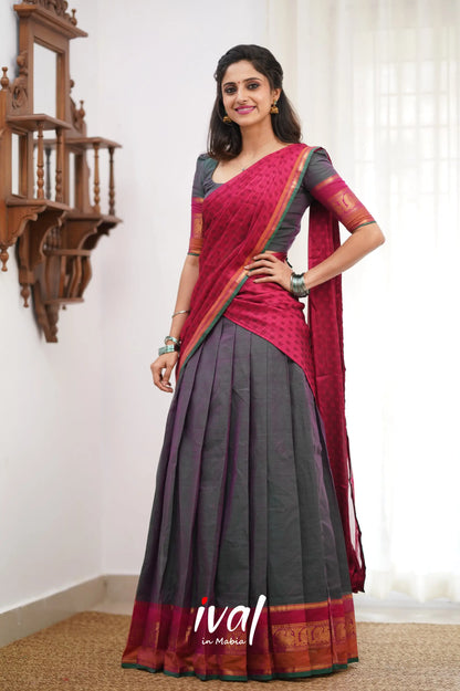 Padmaja Cotton Halfsaree - Manthalir Green And Pinkish Red Half Sarees