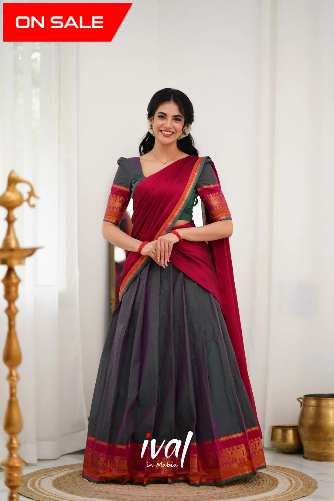 Padmaja Cotton Halfsaree - Manthalir Green And Pinkish Red Half Sarees