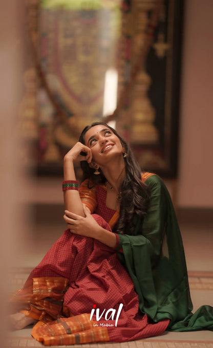 Padmaja Cotton Halfsaree - Maroon and Bottle Green Half Sarees