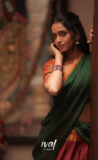 Padmaja Cotton Halfsaree - Maroon and Bottle Green Half Sarees