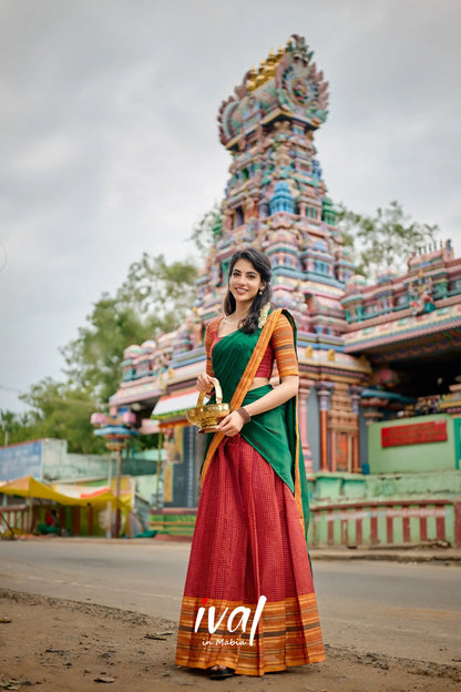 Padmaja Cotton Halfsaree - Maroon And Bottle Green Half Sarees