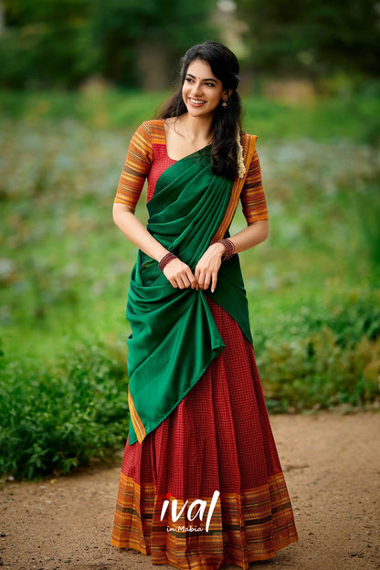 Padmaja Cotton Halfsaree - Maroon And Bottle Green Half Sarees