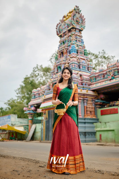 Padmaja Cotton Halfsaree - Maroon And Bottle Green Half Sarees