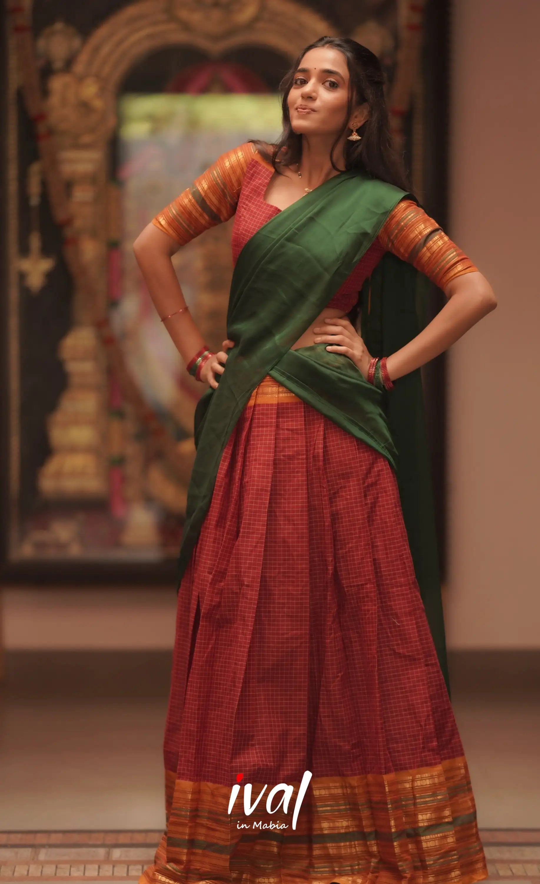 Padmaja Cotton Halfsaree - Maroon and Bottle Green Half Sarees