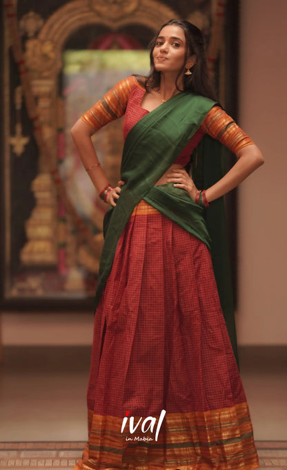 Padmaja Cotton Halfsaree - Maroon and Bottle Green Half Sarees