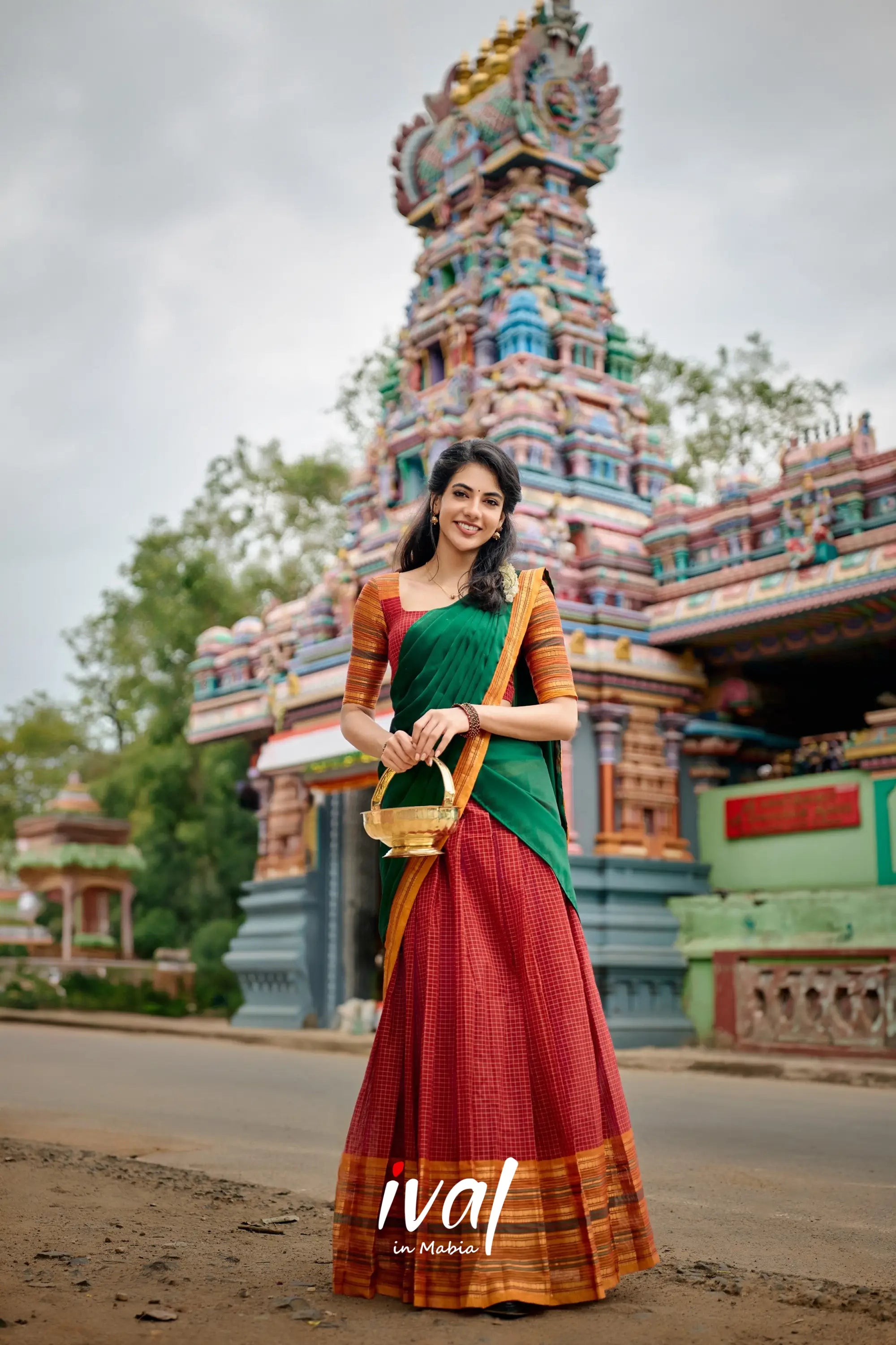 Padmaja Cotton Halfsaree - Maroon And Bottle Green Half Sarees