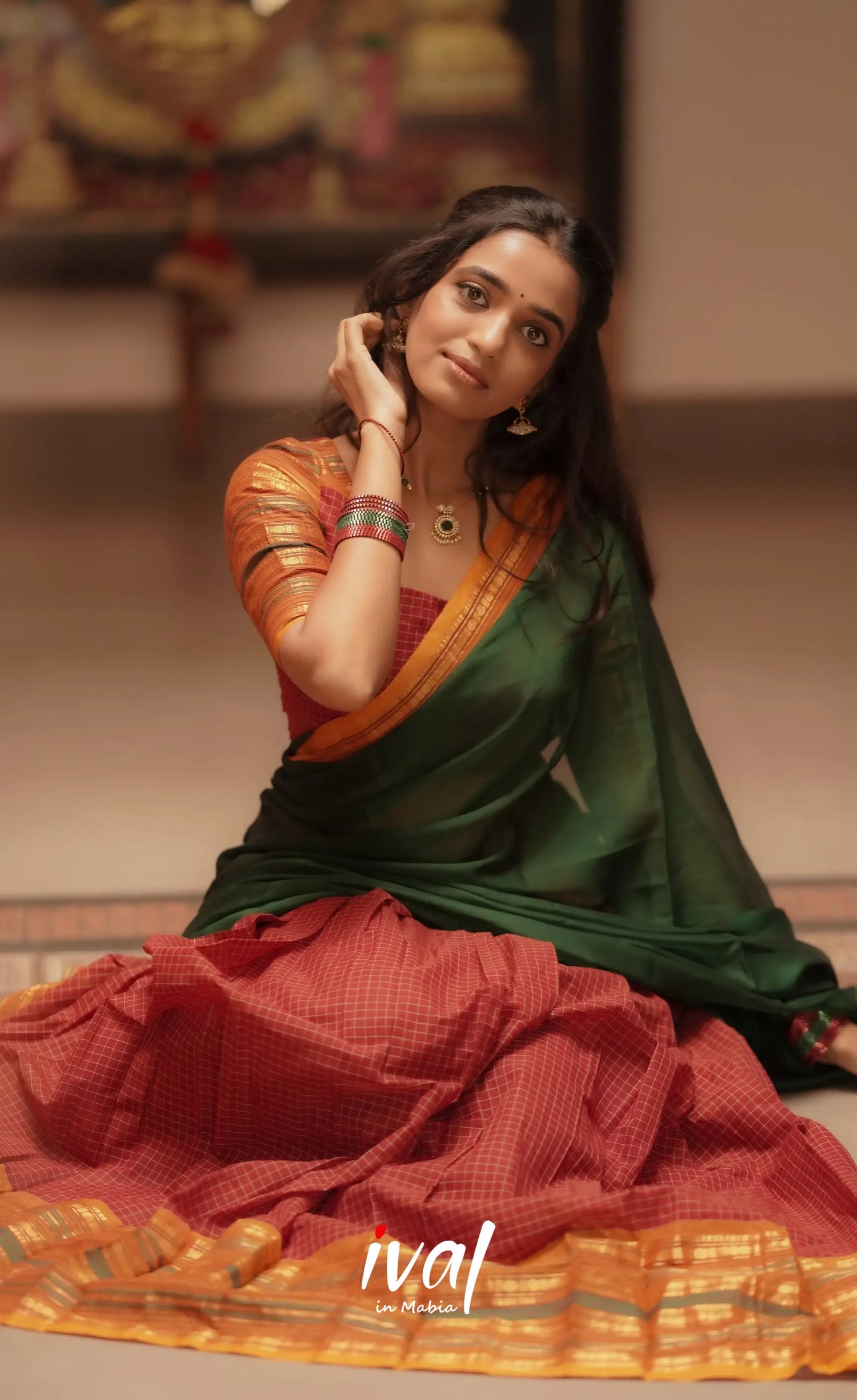 Padmaja Cotton Halfsaree - Maroon and Bottle Green Half Sarees