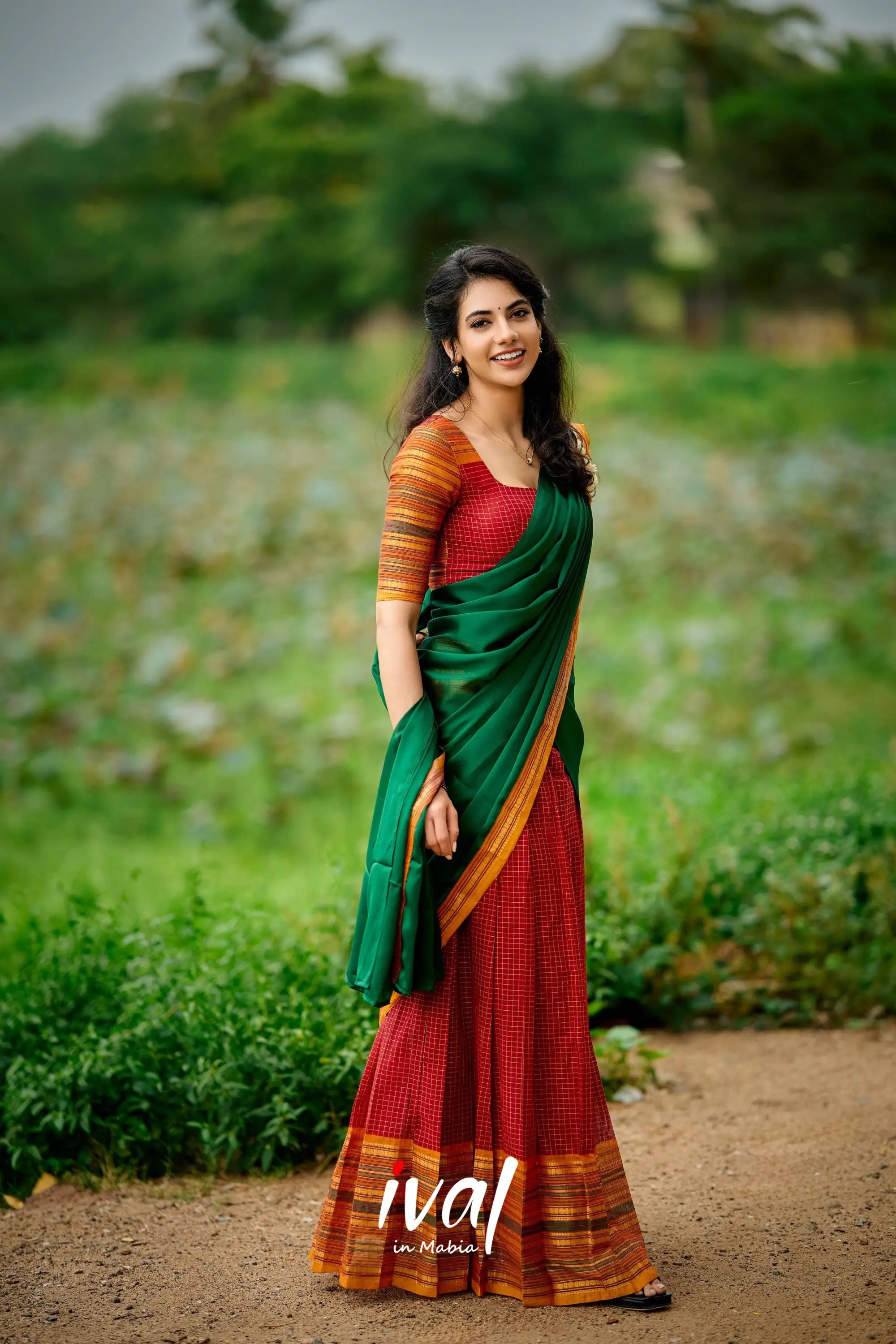 Padmaja Cotton Halfsaree - Maroon And Bottle Green Half Sarees