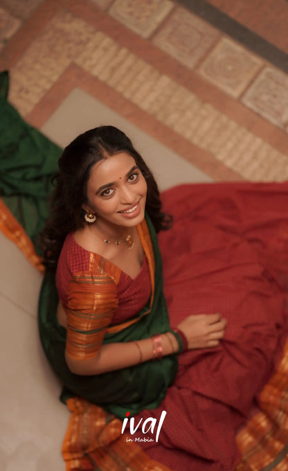 Padmaja Cotton Halfsaree - Maroon and Bottle Green Half Sarees