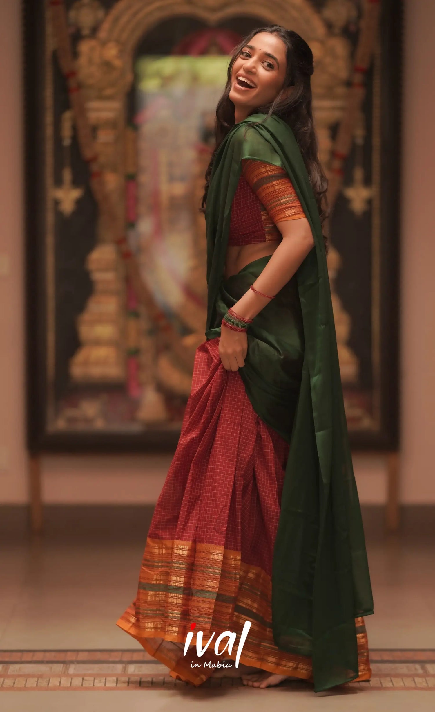 Padmaja Cotton Halfsaree - Maroon and Bottle Green Half Sarees
